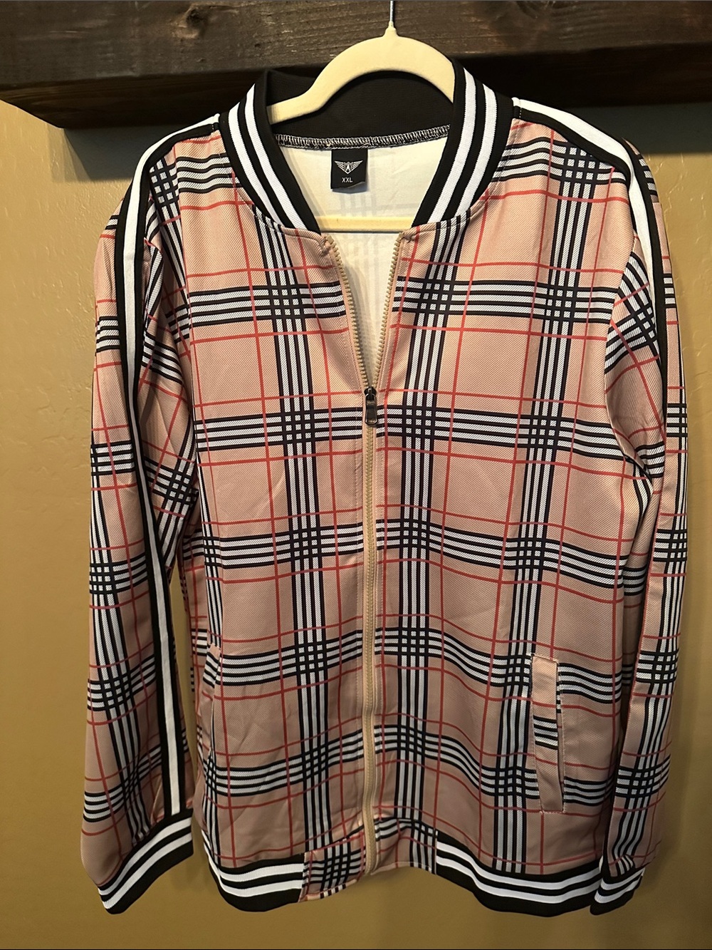 Pink Plaid Varsity Bomber Jacket with Black Trim